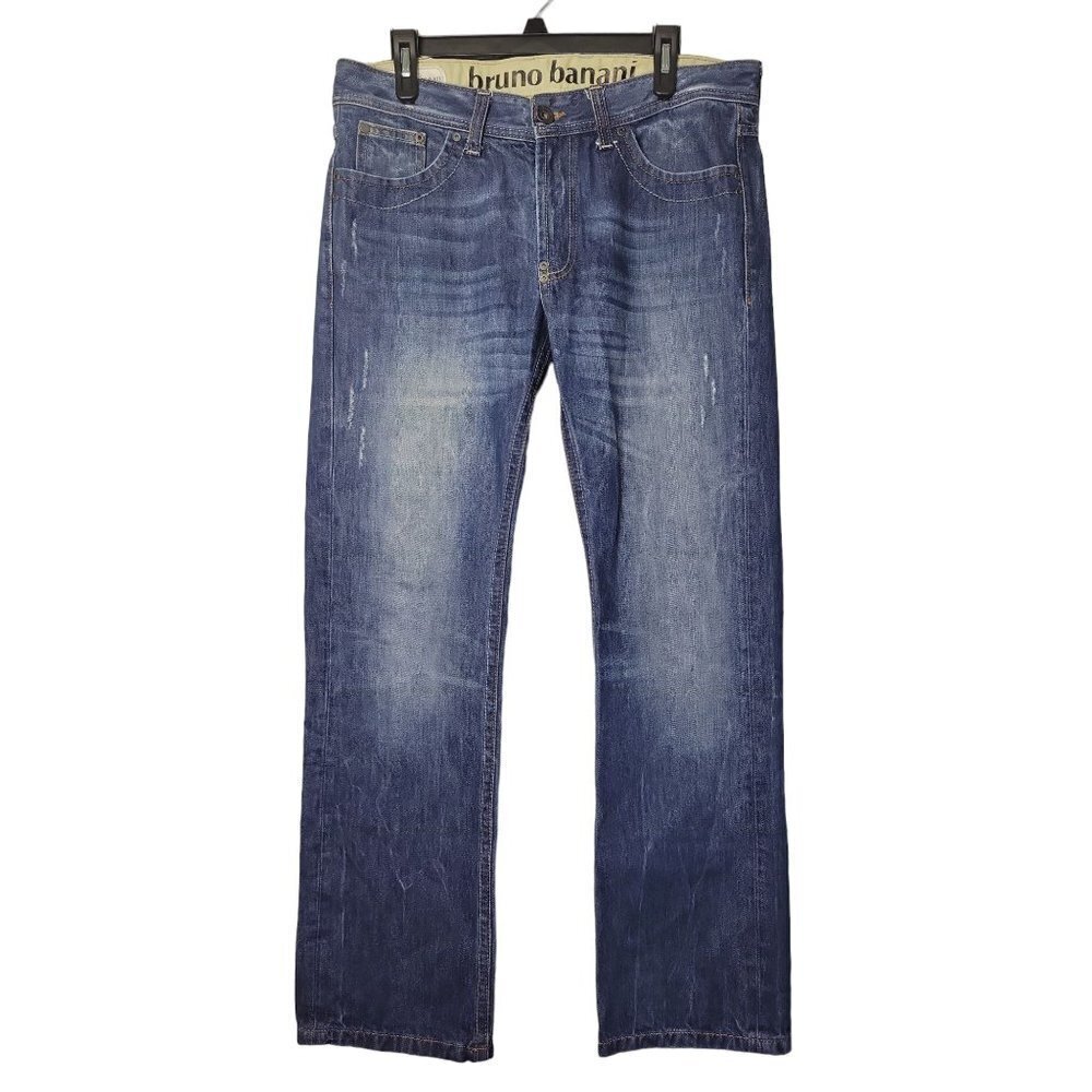 bruno banani Men's 33 x 32 Relaxed Fit Distressed Mid Rise Straight Leg Jeans